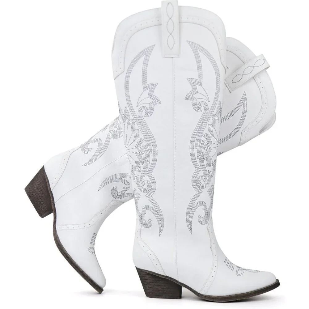 Women's White Faux Leather Pointed Toe and Block Heel Classic Embroidered Boot
